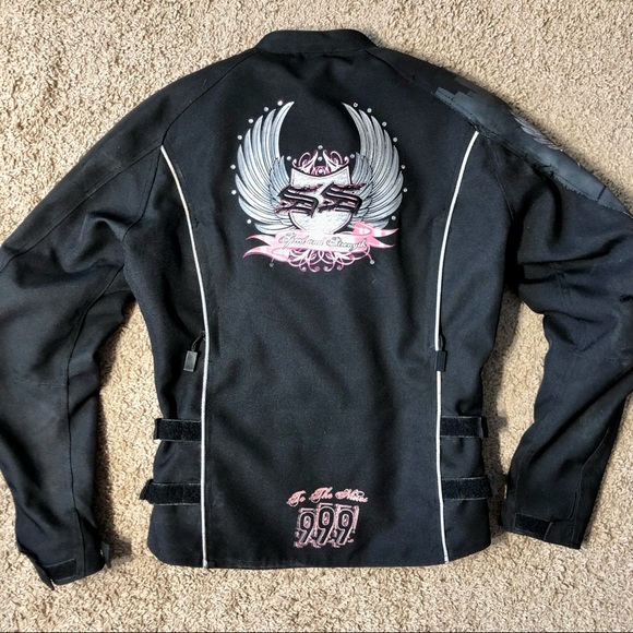 Speed and strength black/pink w/bling motorcycle jacket & matching chaps - Picture 2 of 16